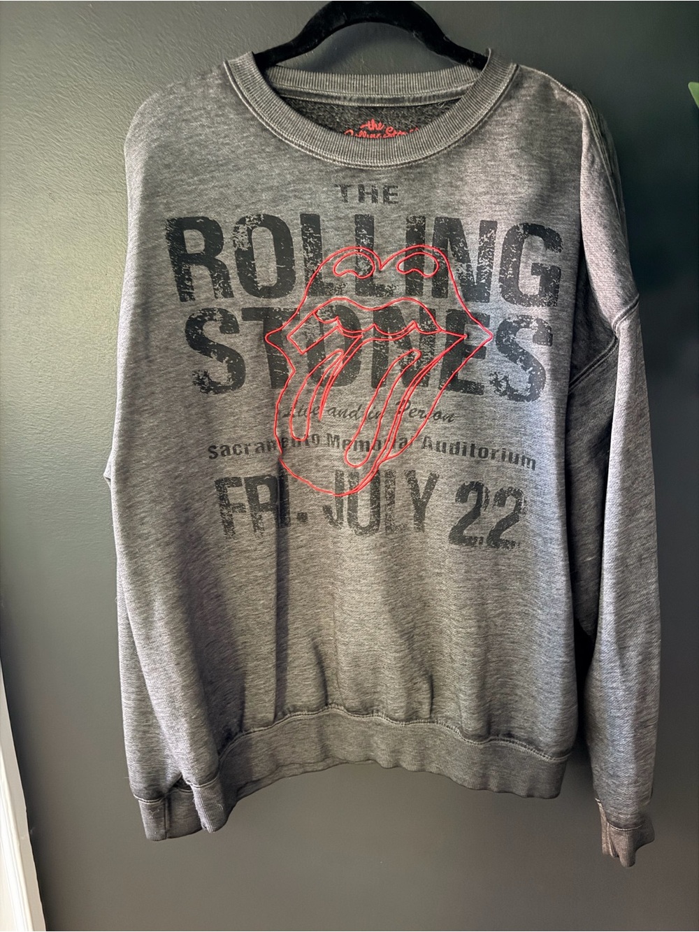 the Rolling Stones Gray Crewneck Sweatshirt with Red Tongue Graphic